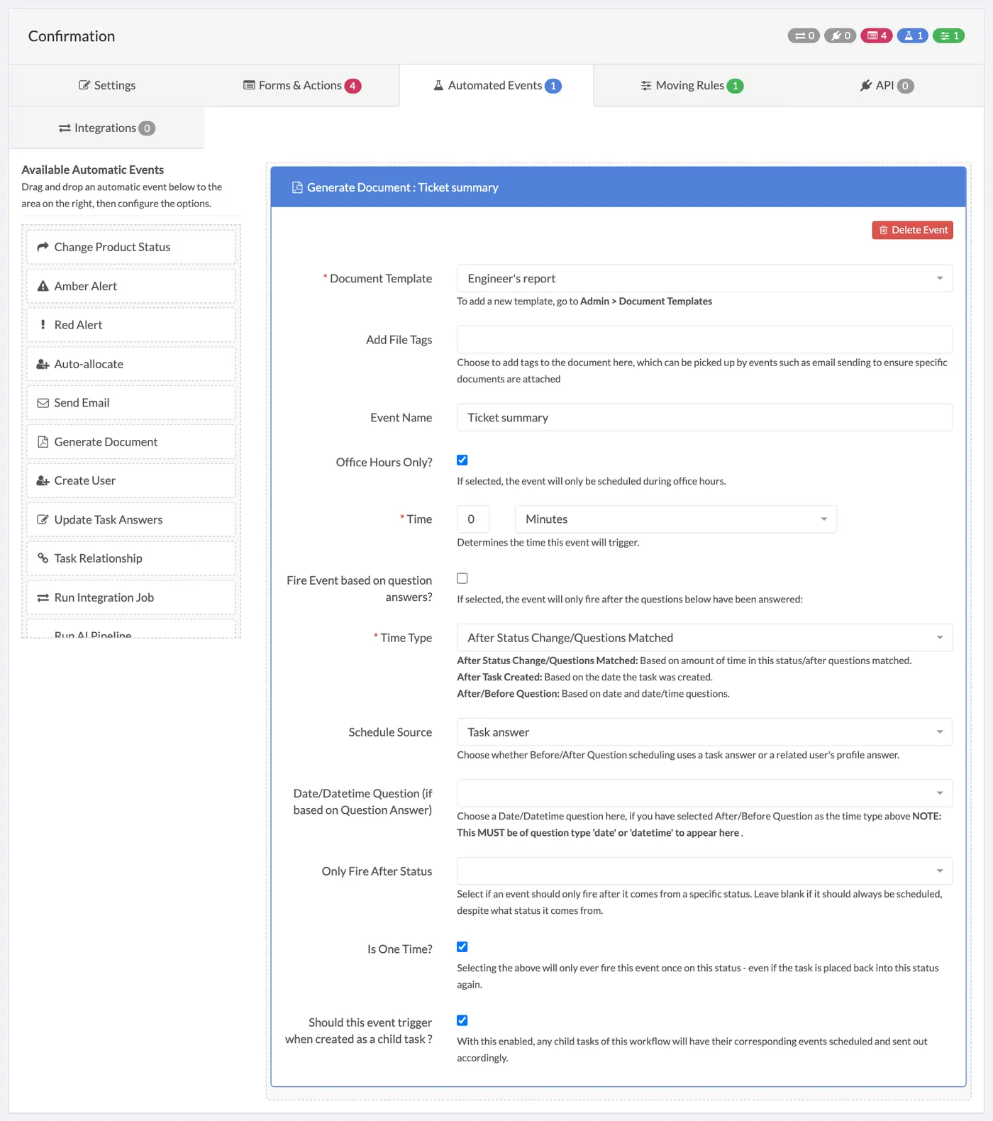 The workflow builder's Automated Events tab with a Generate Document event open, showing the template and timing.