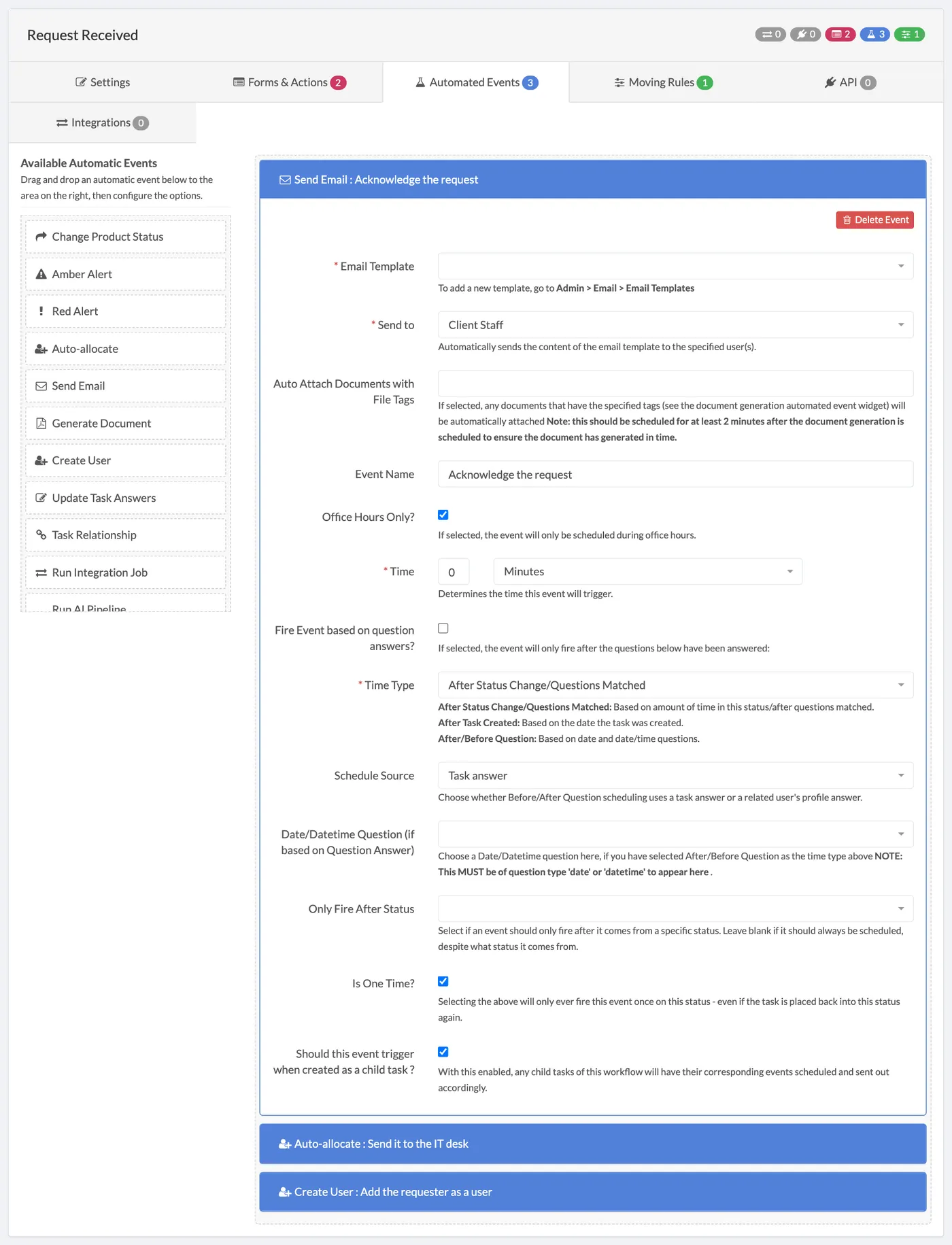 The workflow builder's Automated Events tab with a Send Email event open, showing the template, the recipient and the timing.