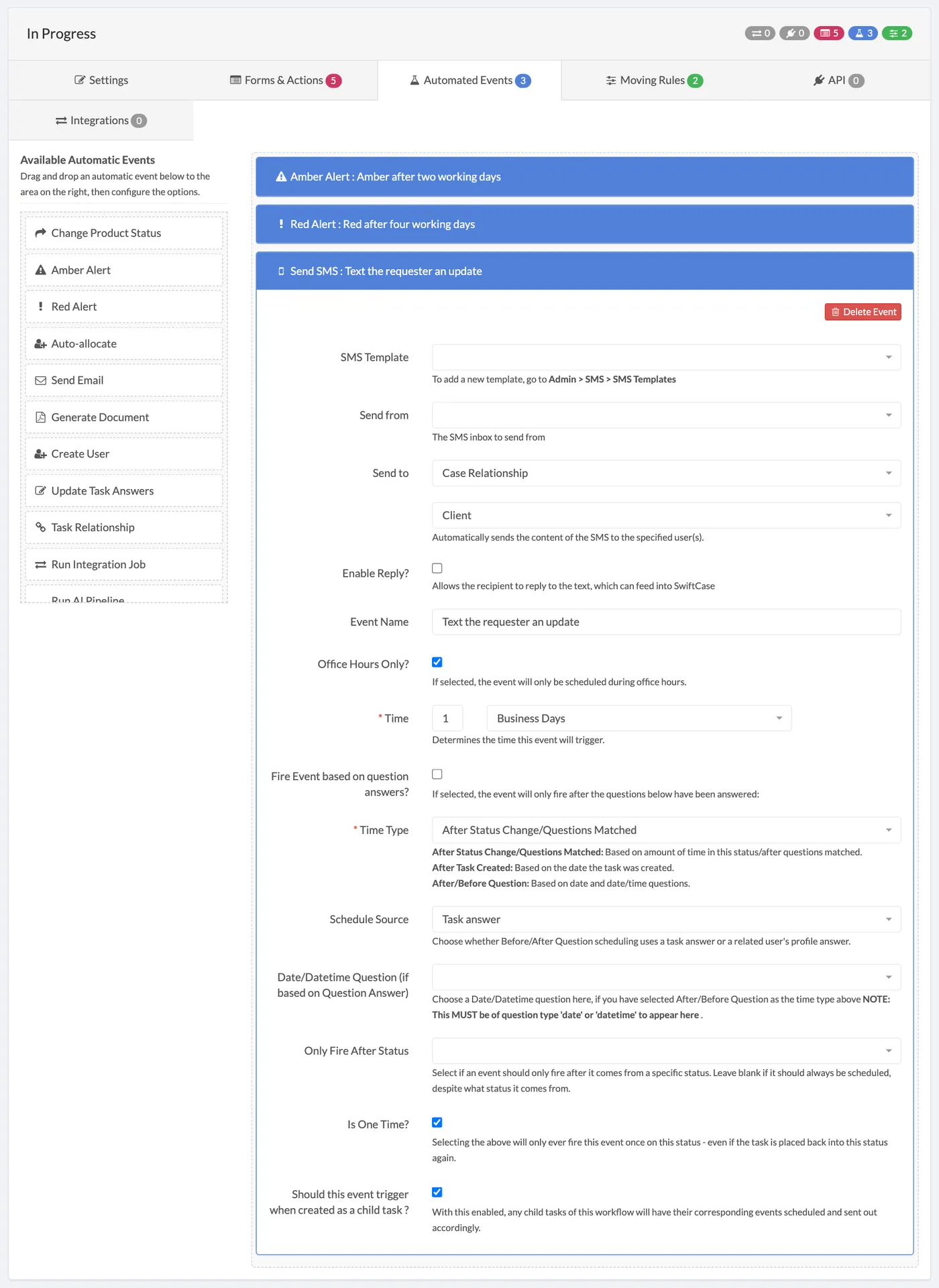 The workflow builder's Automated Events tab with a Send SMS event open, showing the template, who it goes to and the timing.