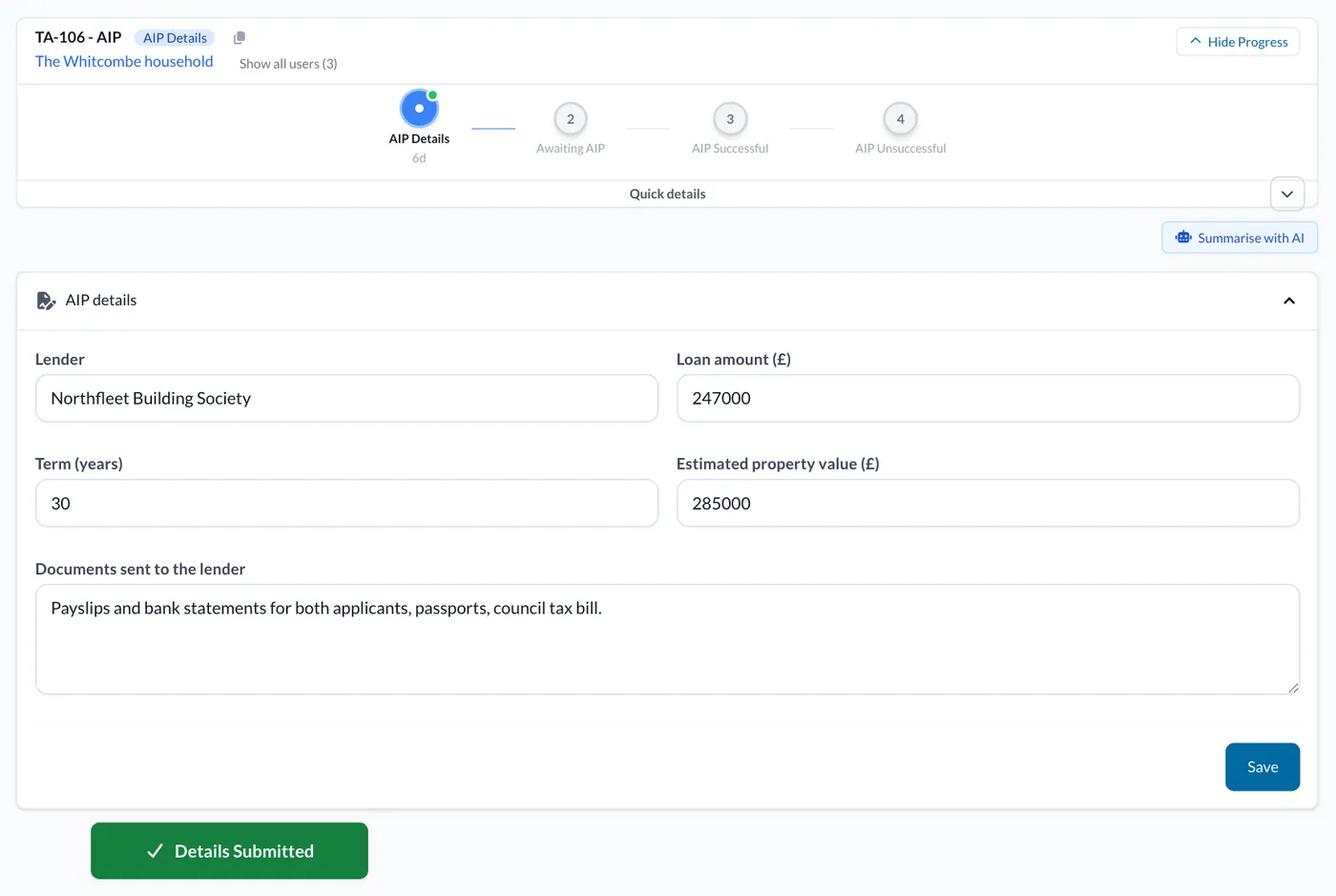 An AIP task, with the lender, loan, term and documents sent, and the green Details Submitted button.
