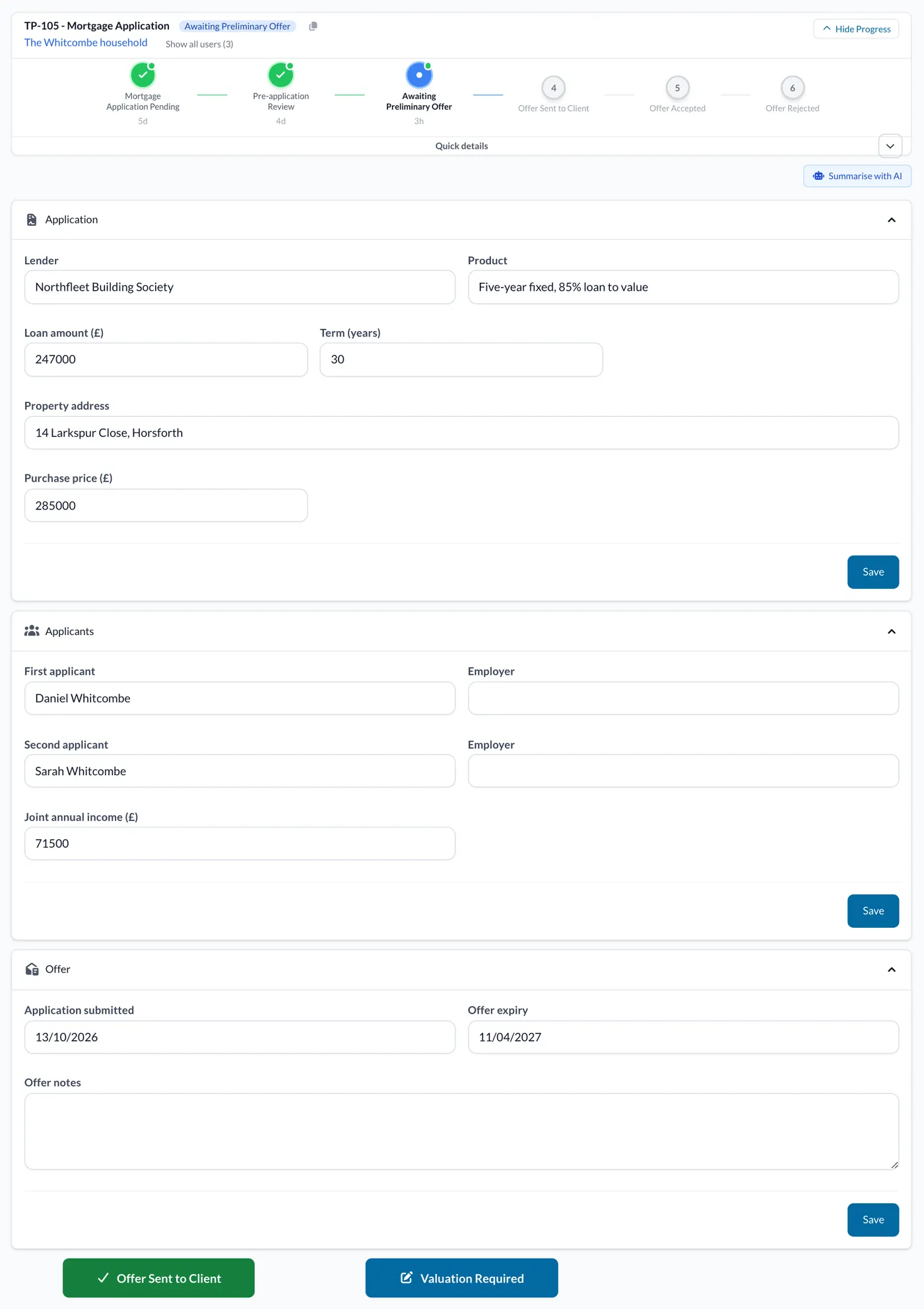 A mortgage application at Awaiting Preliminary Offer, with the Offer Sent to Client and Valuation Required buttons.