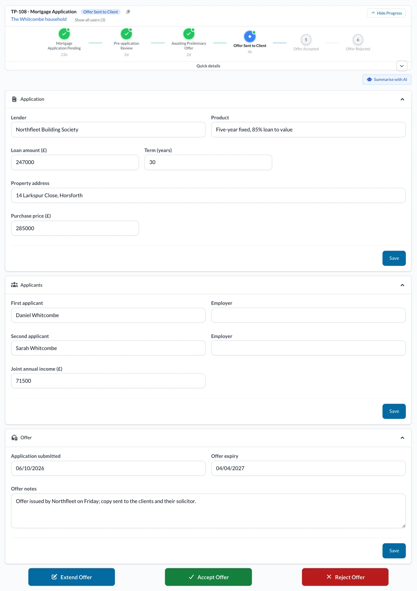 A mortgage application at Offer Sent to Client, with the Extend Offer, Accept Offer and Reject Offer buttons.