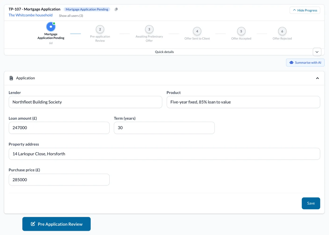 A mortgage application at Mortgage Application Pending, with the lender, product and property, and the Pre Application Review button.
