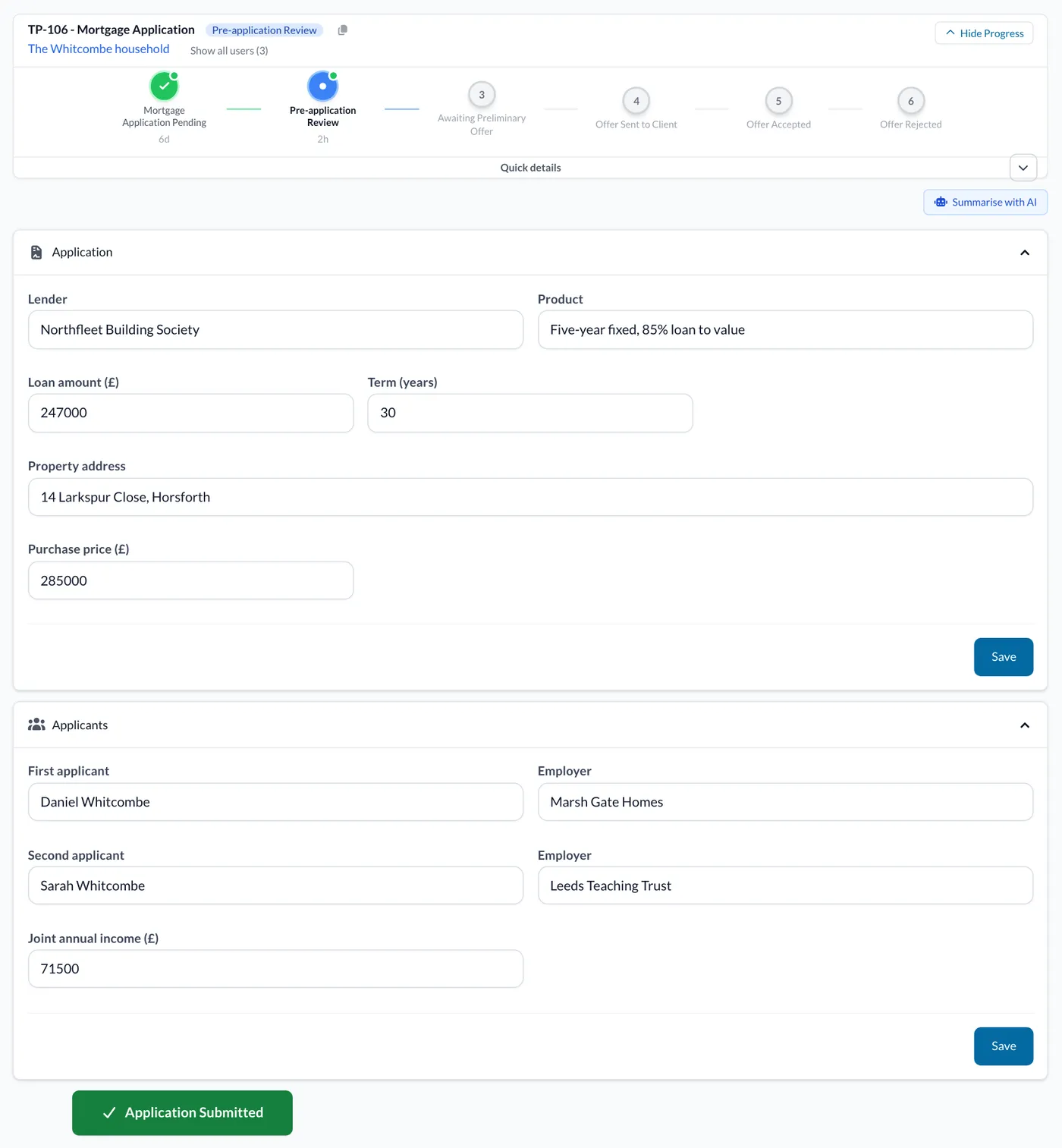 A mortgage application at Pre-application Review, with the applicants' details and the green Application Submitted button.