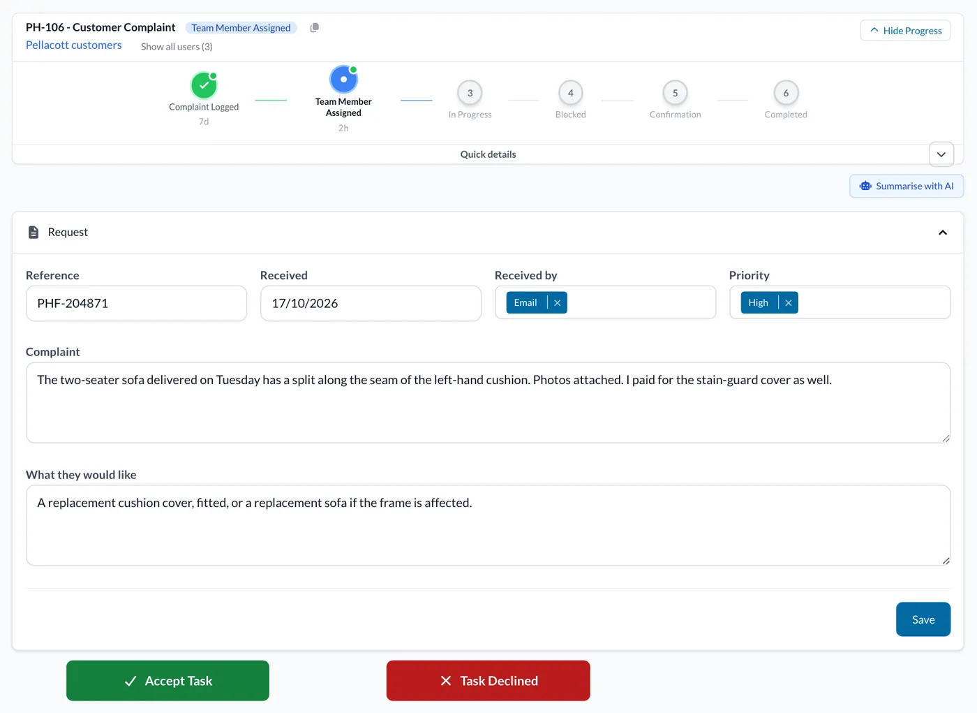 A customer complaint at Team Member Assigned, with the green Accept Task button.