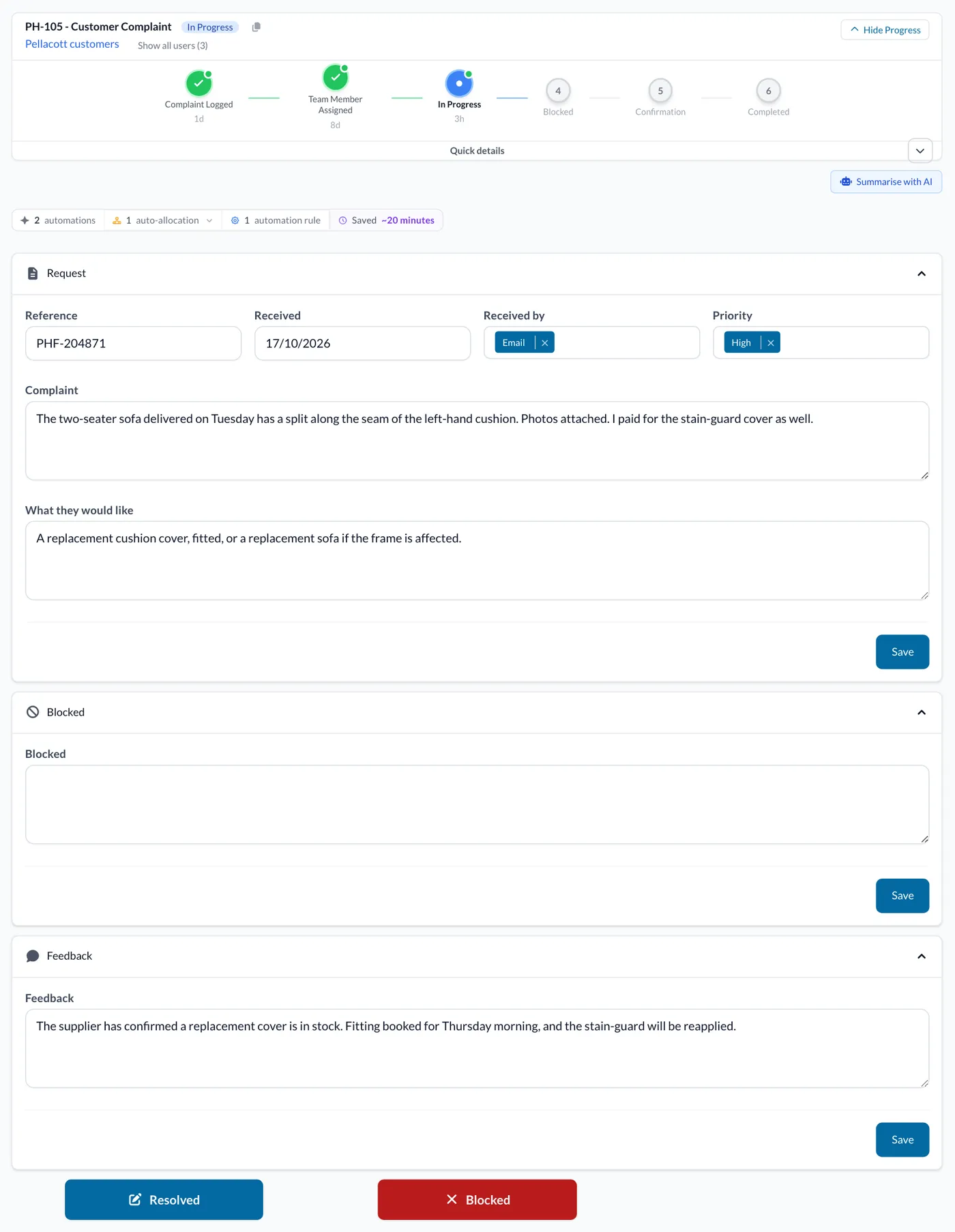 A customer complaint In Progress, with the feedback filled in and the Resolved button that moves it to Confirmation.