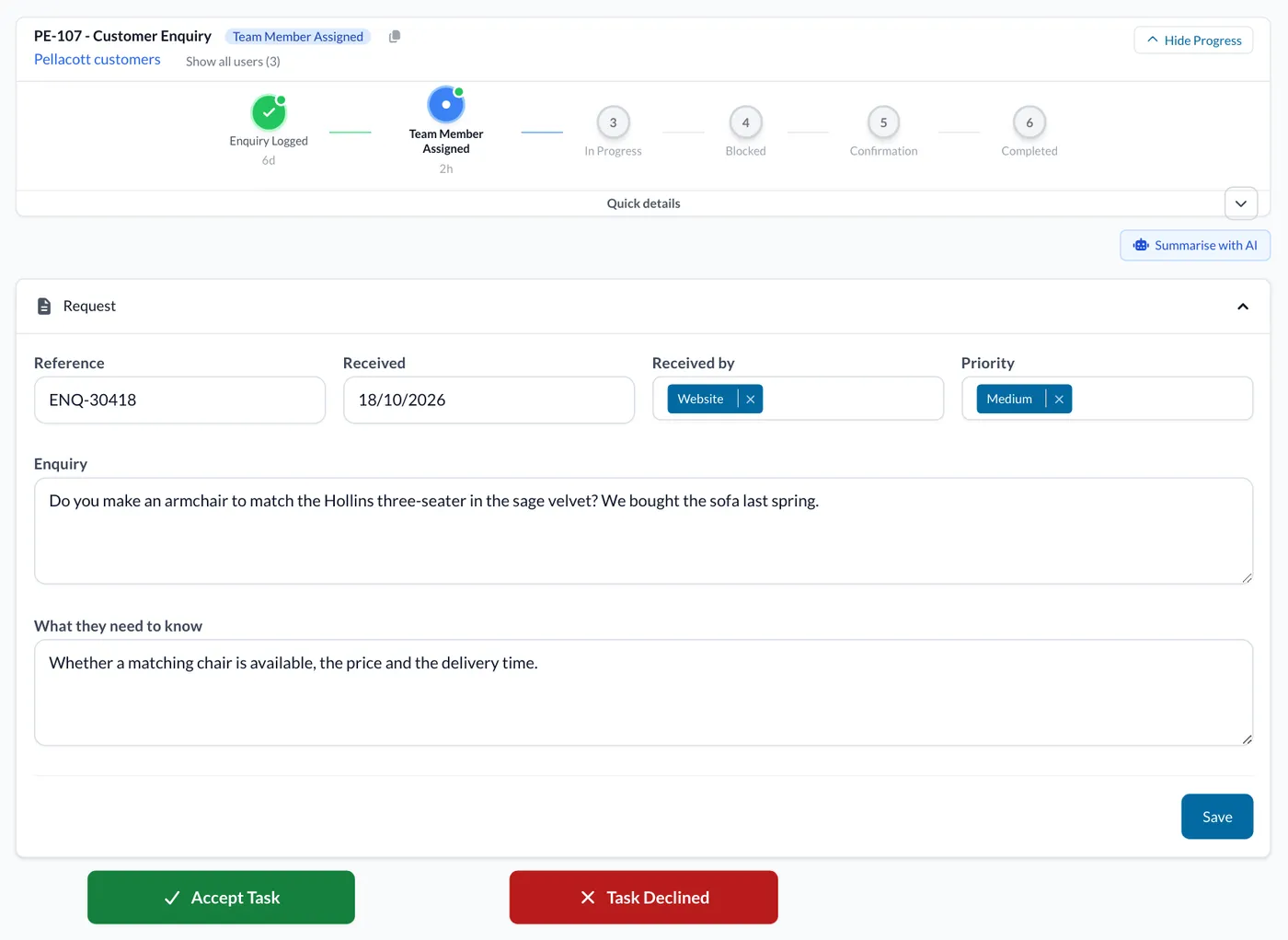 A customer enquiry at Team Member Assigned, with the green Accept Task button.