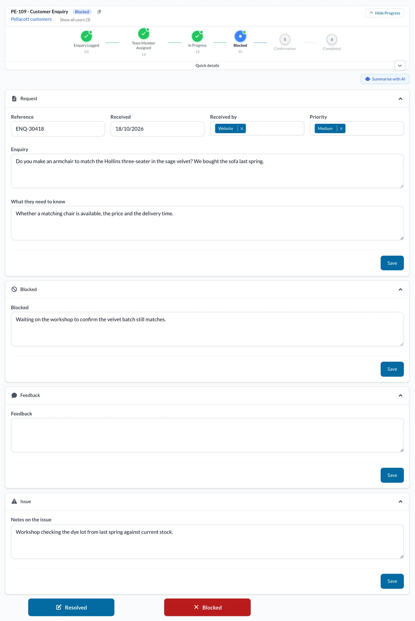 A customer enquiry at Blocked, with the feedback and notes on the issue and the Resolved button.
