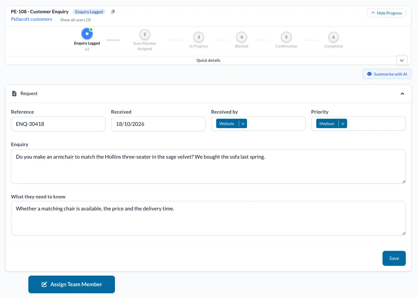 A customer enquiry at Enquiry Logged, with the blue Assign Team Member button.