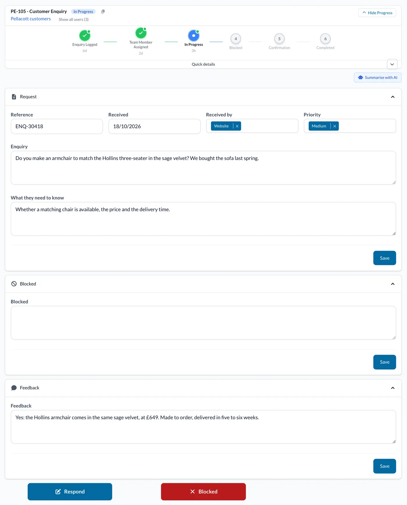 A customer enquiry In Progress, with the answer in the feedback box and the blue Respond button.
