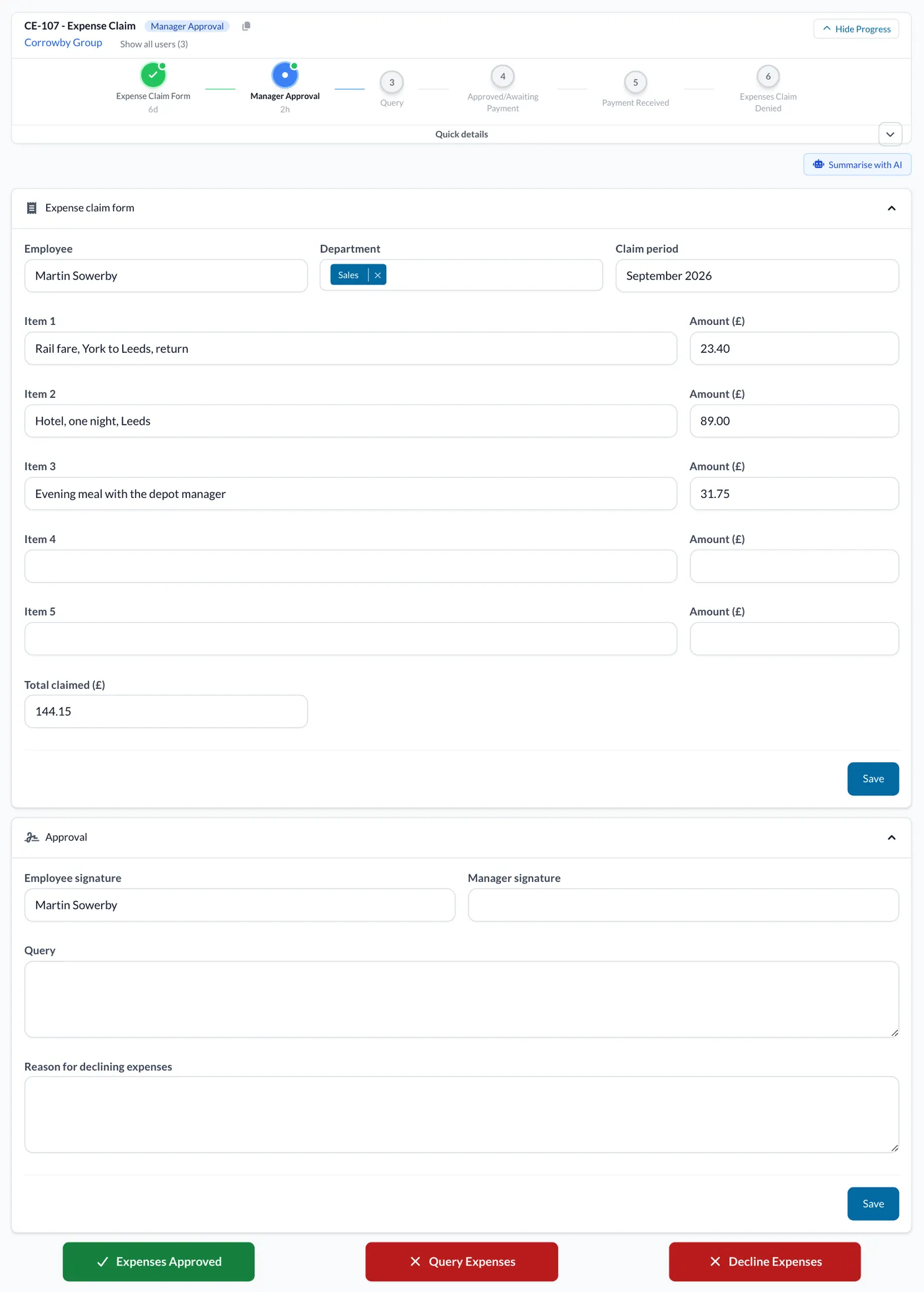 An expense claim at Manager Approval, with the signature fields and the Expenses Approved and Query Expenses buttons.