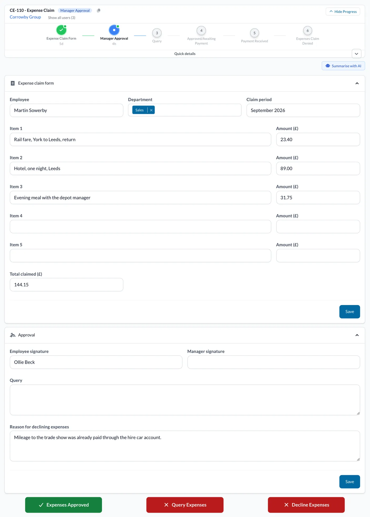 An expense claim at Manager Approval with a reason for declining and the red Decline Expenses button.