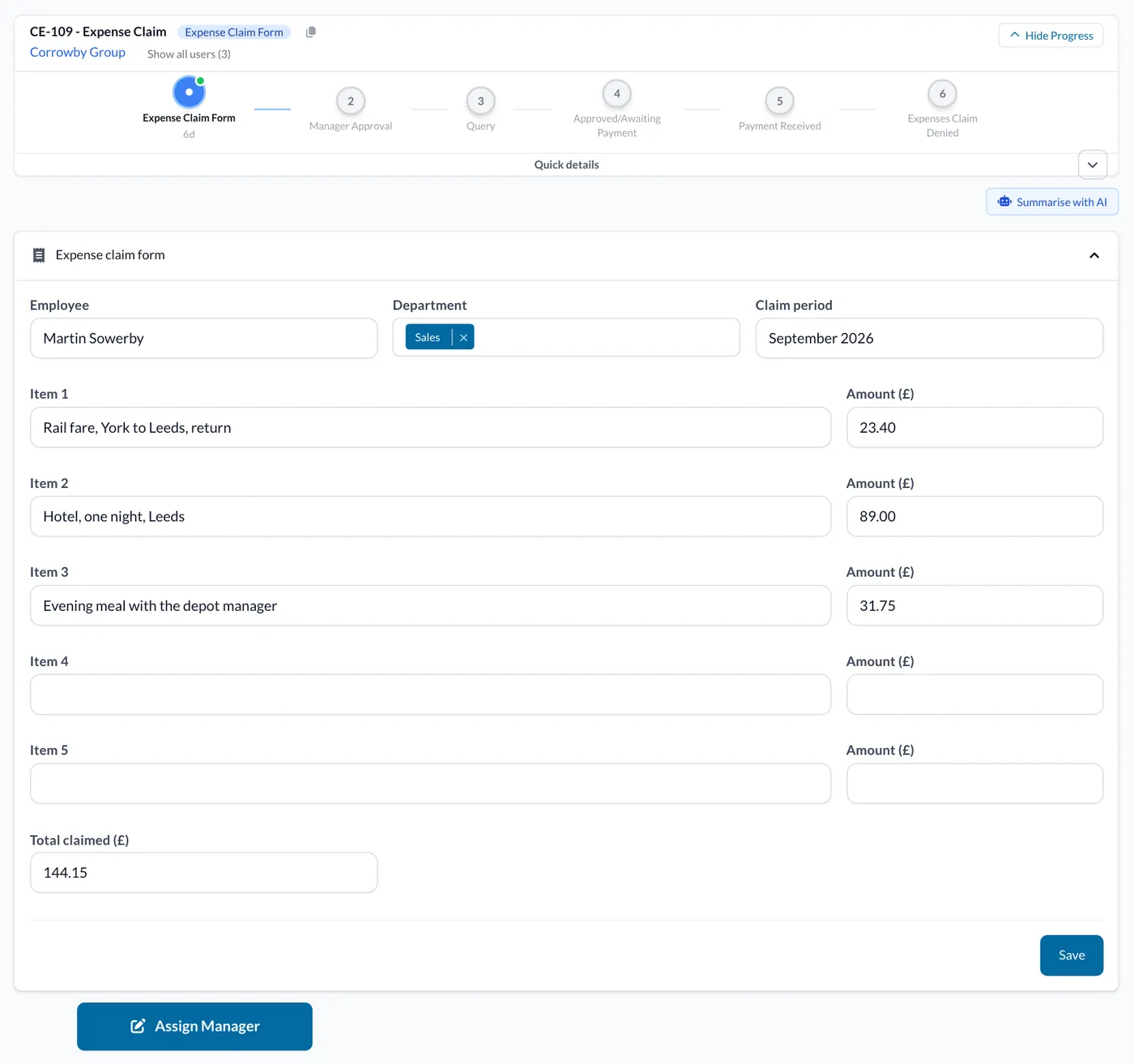 An expense claim form with three items and the total, and the blue Assign Manager button.