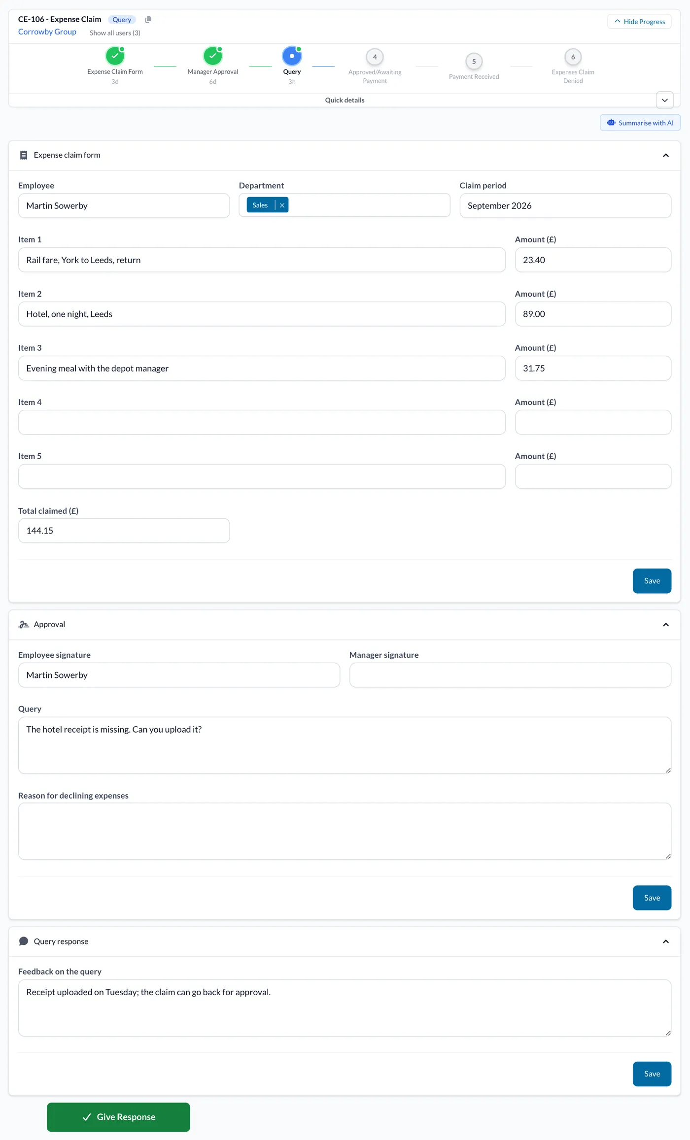 An expense claim at Query, with the manager's query, the feedback and the green Give Response button.