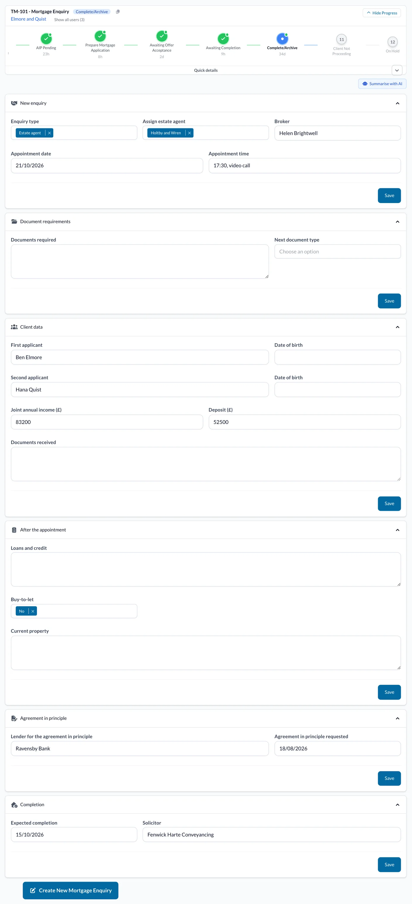 A completed mortgage enquiry, with the Create New Mortgage Enquiry button.