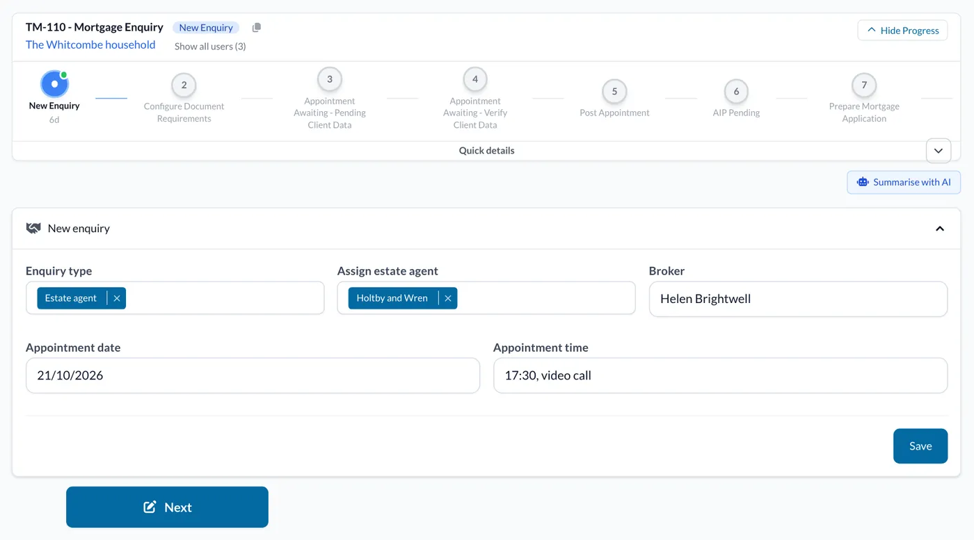 A mortgage enquiry at New Enquiry, with the enquiry type, the estate agent, the broker and the appointment.