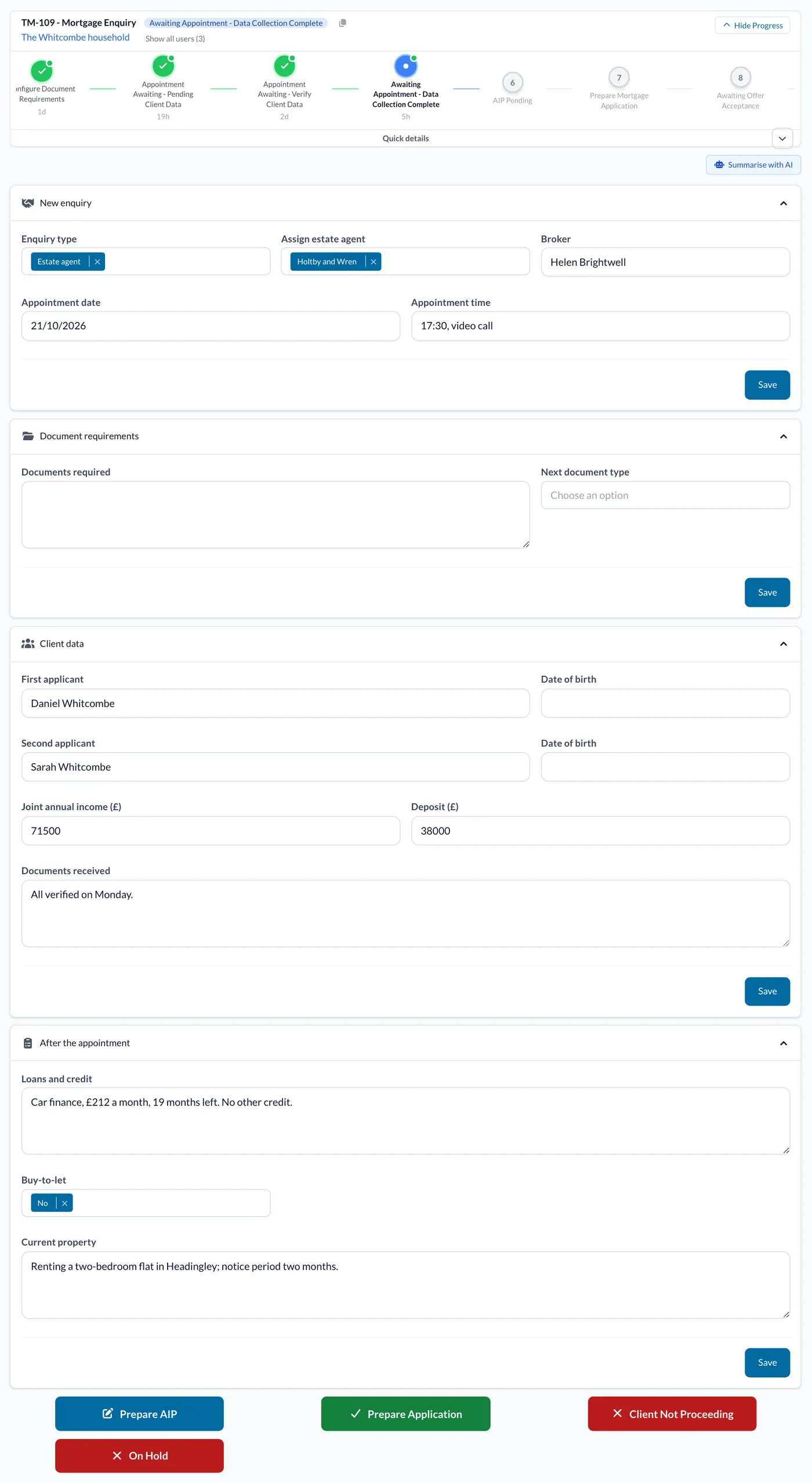 A mortgage enquiry after the appointment, with the Prepare AIP, Prepare Application, Client Not Proceeding and On Hold buttons.