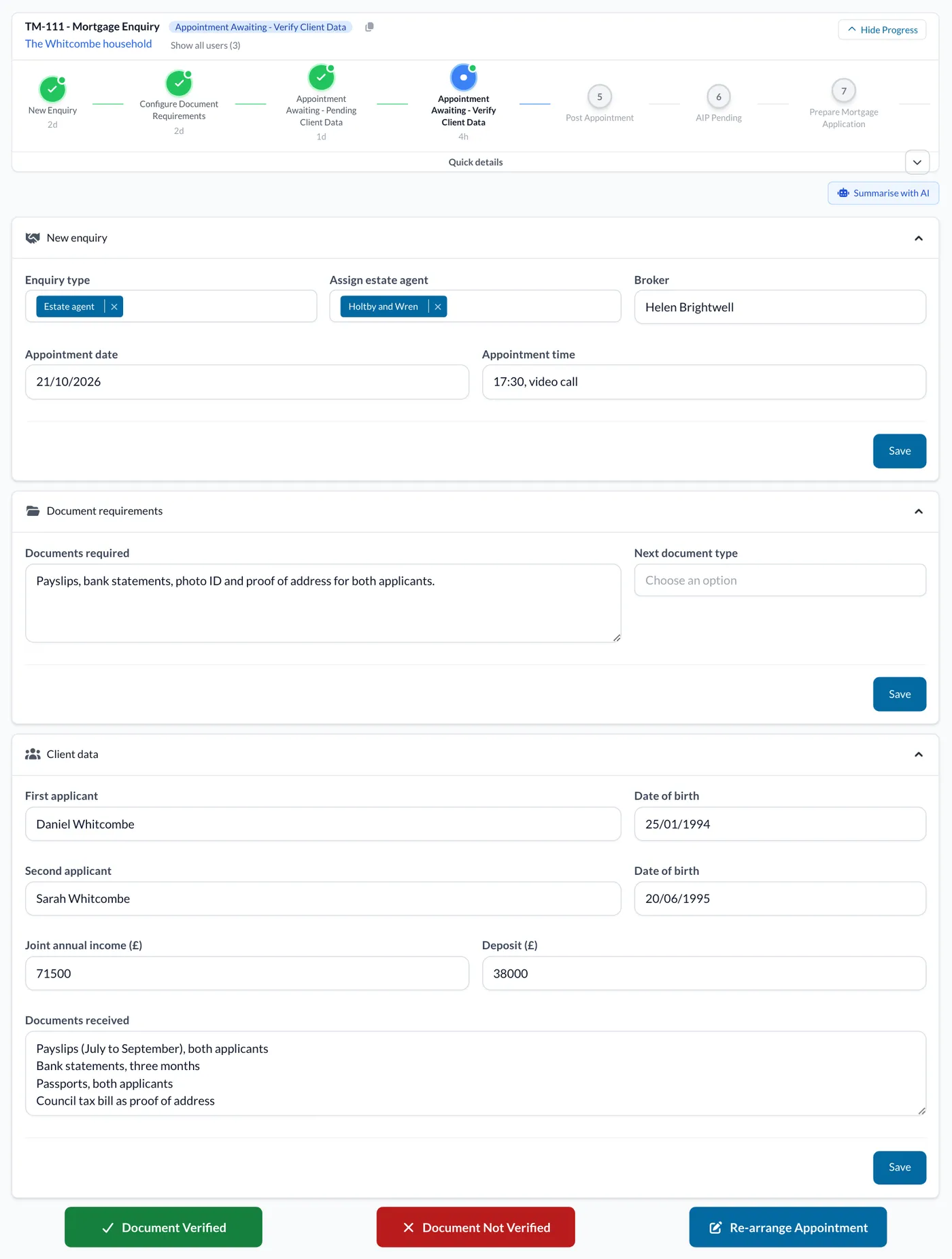 A mortgage enquiry at Appointment Awaiting - Verify Client Data, with the documents received and the Document Verified and Document Not Verified buttons.