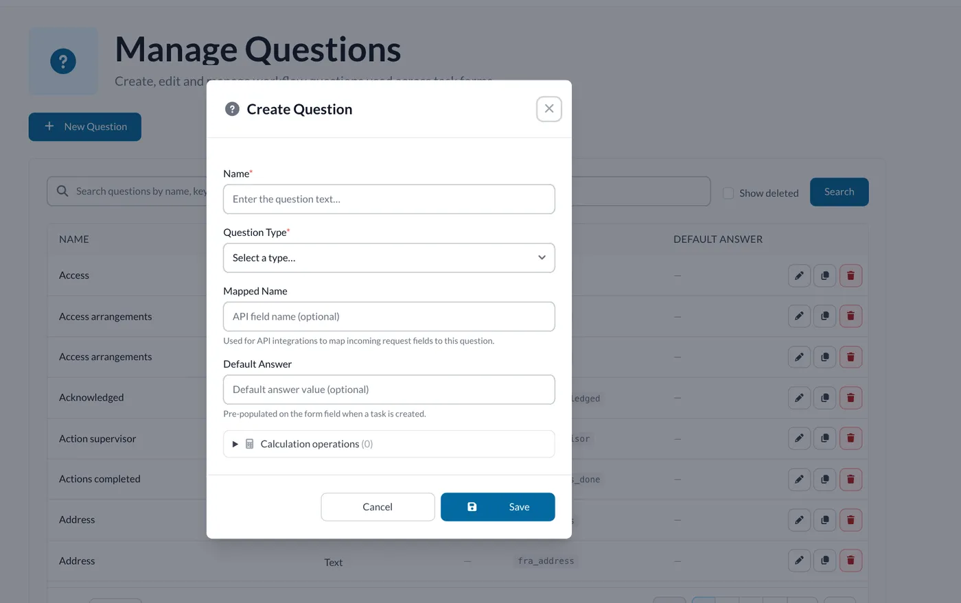 The new question form in Manage Questions, with its name, key, type and default answer.