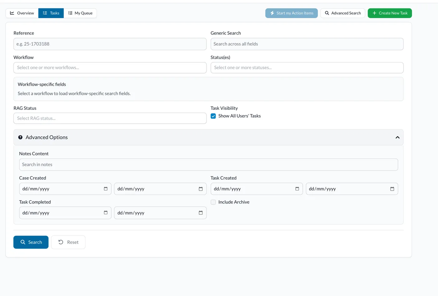 The search form with its advanced options open: RAG status, other users' tasks and the date filters.
