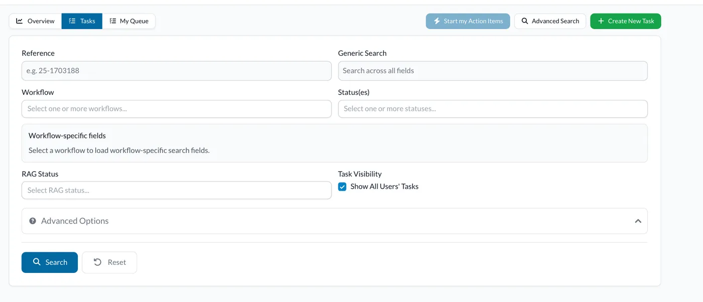 The search form, with fields for the reference, workflow, statuses and a search across every field.