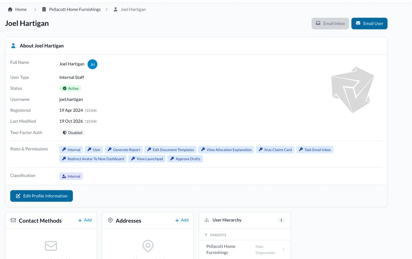A team member's profile once they are added: their name, user type, username, roles and permissions, and where to add their contact details.