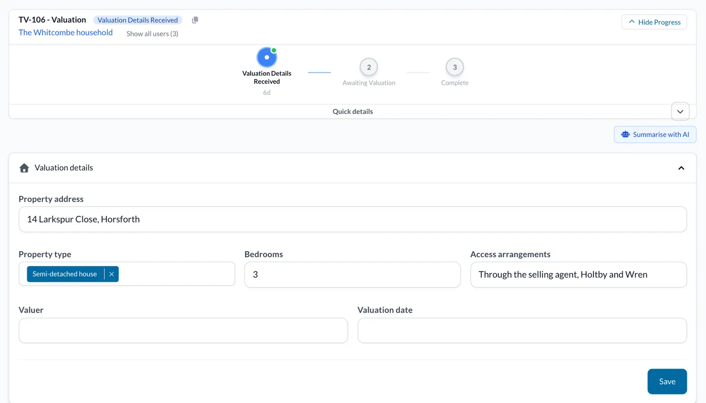 A valuation at Valuation Details Received, with the property details and the form's Save button.