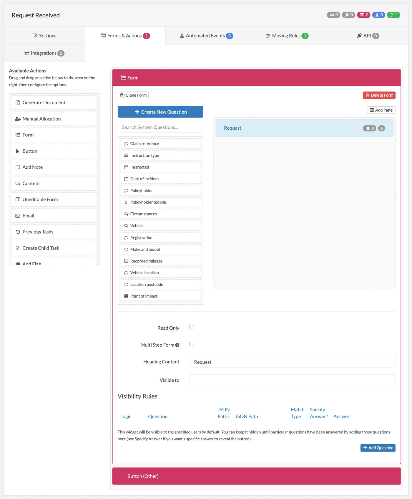 A status's form in the workflow builder, with the questions on it and the question list beside it.