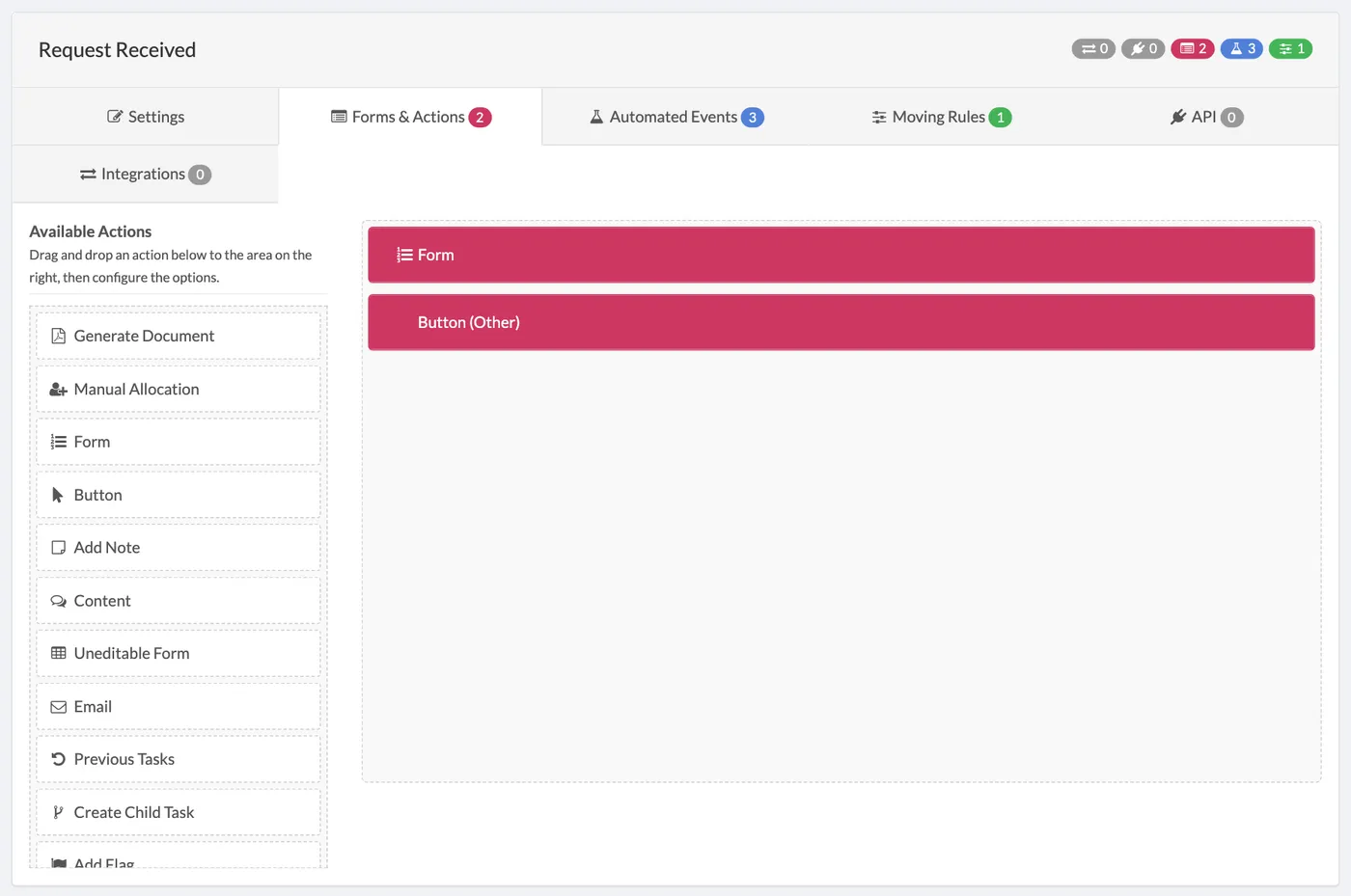 A status opened in the workflow builder on its Forms and Actions tab, with the questions on its form.