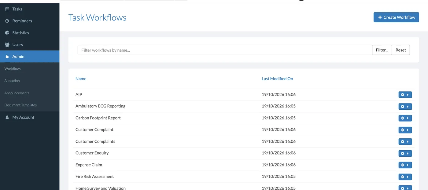 The list of workflows in the admin pages, each opening in the workflow builder.