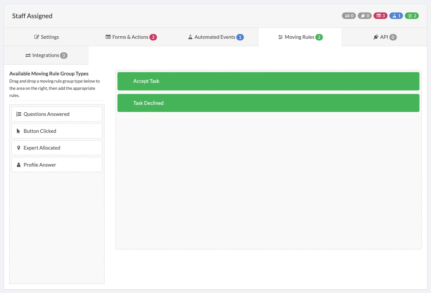 The Moving Rules tab for a status, listing the buttons that move a task on and where each one goes.