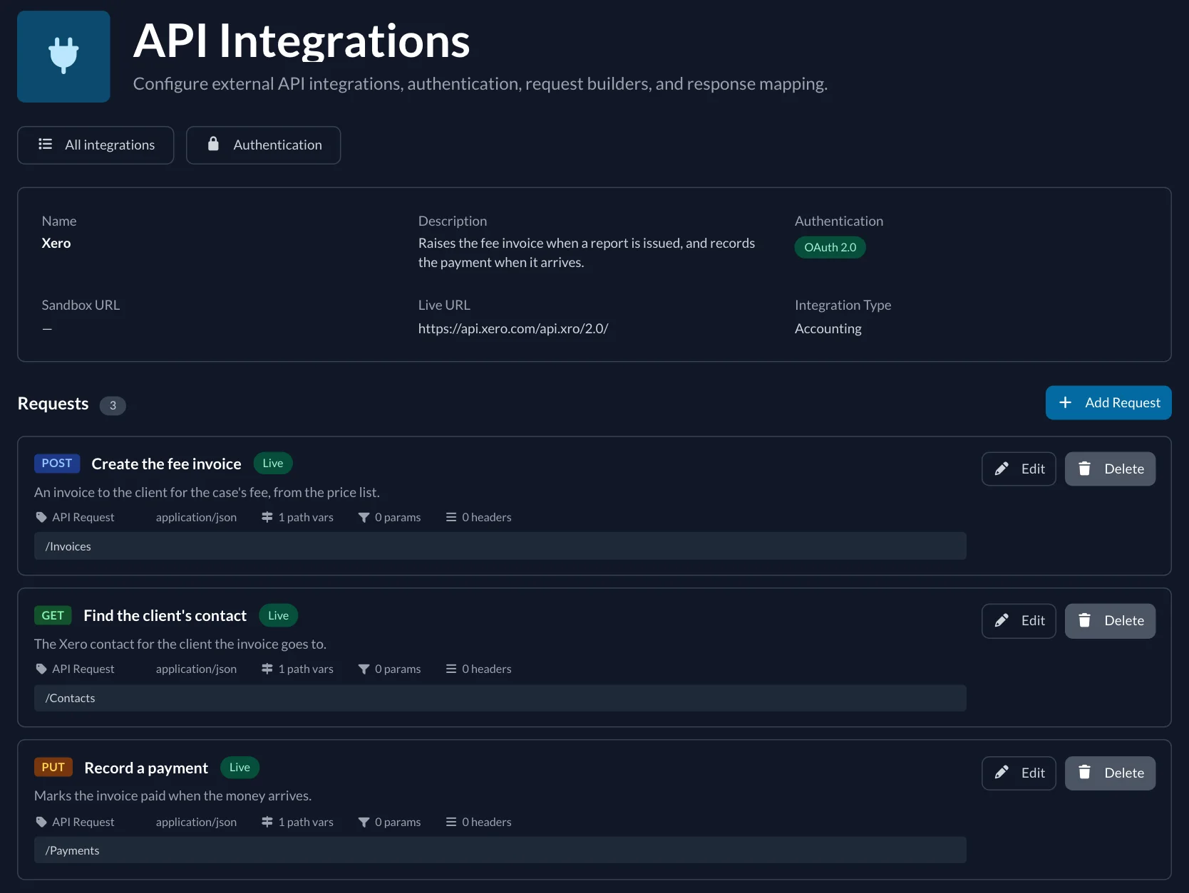 The API integration page for Xero: OAuth 2.0 authentication, the live URL, the Accounting type and three requests, Create the fee invoice, Find the client's contact and Record a payment.