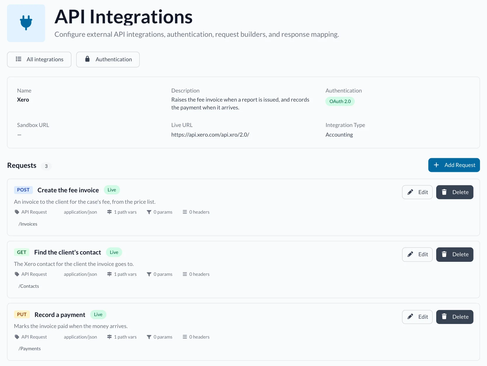 The API integration page for Xero: OAuth 2.0 authentication, the live URL, the Accounting type and three requests, Create the fee invoice, Find the client's contact and Record a payment.