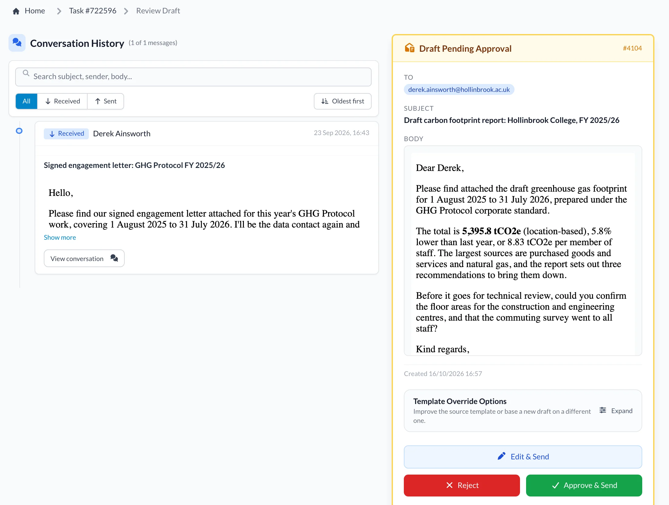 Draft email to a college with its draft carbon footprint and follow-up questions, waiting for approval.