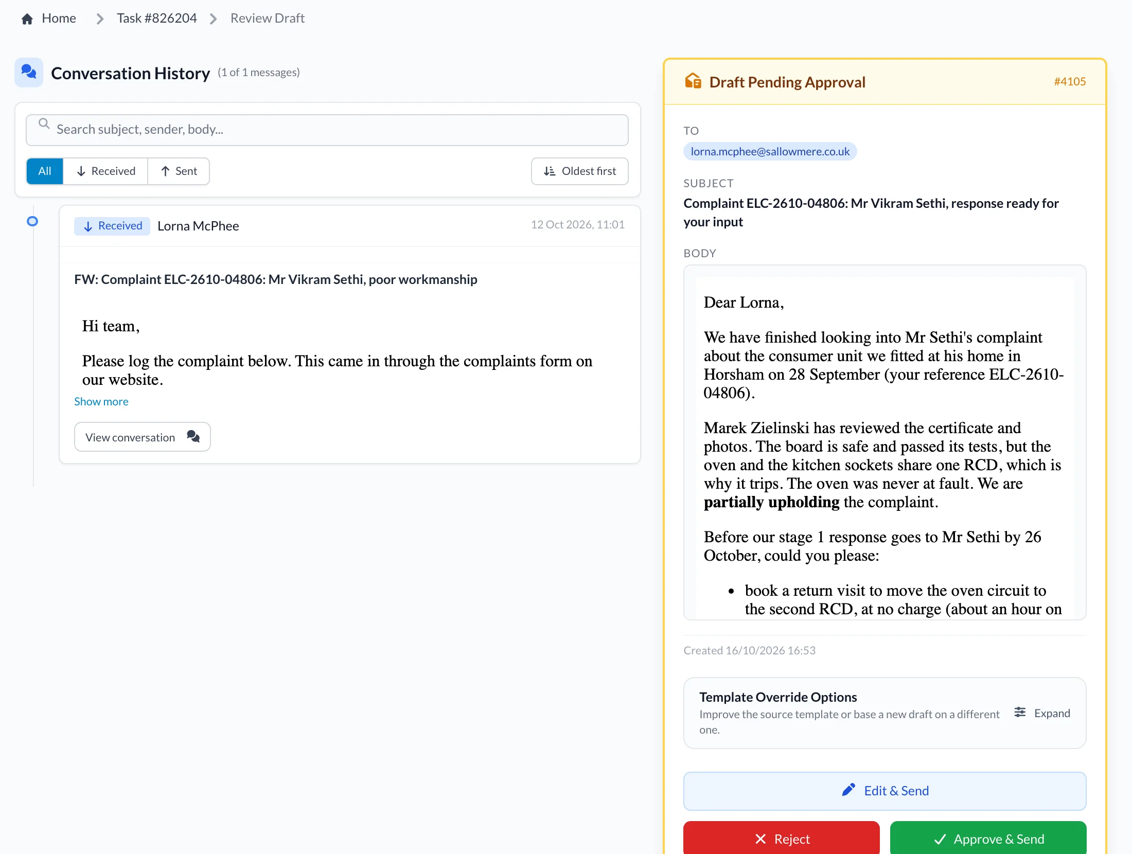 Draft email to a company division asking for a return visit before a complaint response is due.