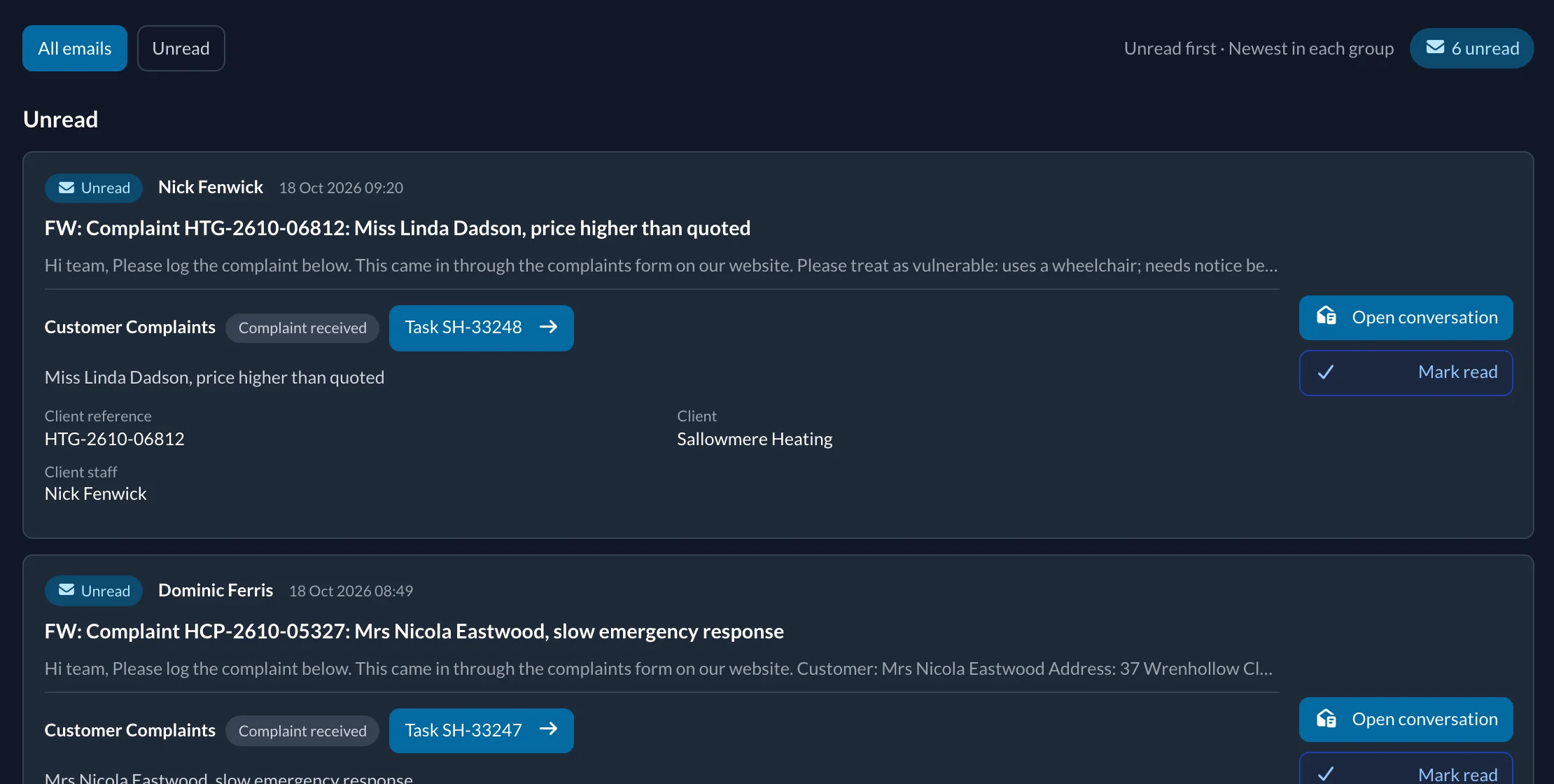Inbox of customer complaints forwarded by the company's divisions, each linked to a new complaint case.