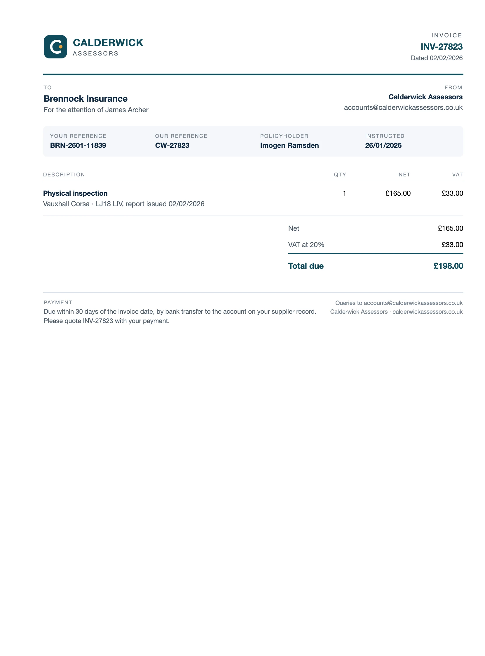 An invoice to an insurer for a physical inspection, with the references, net, VAT and total due.