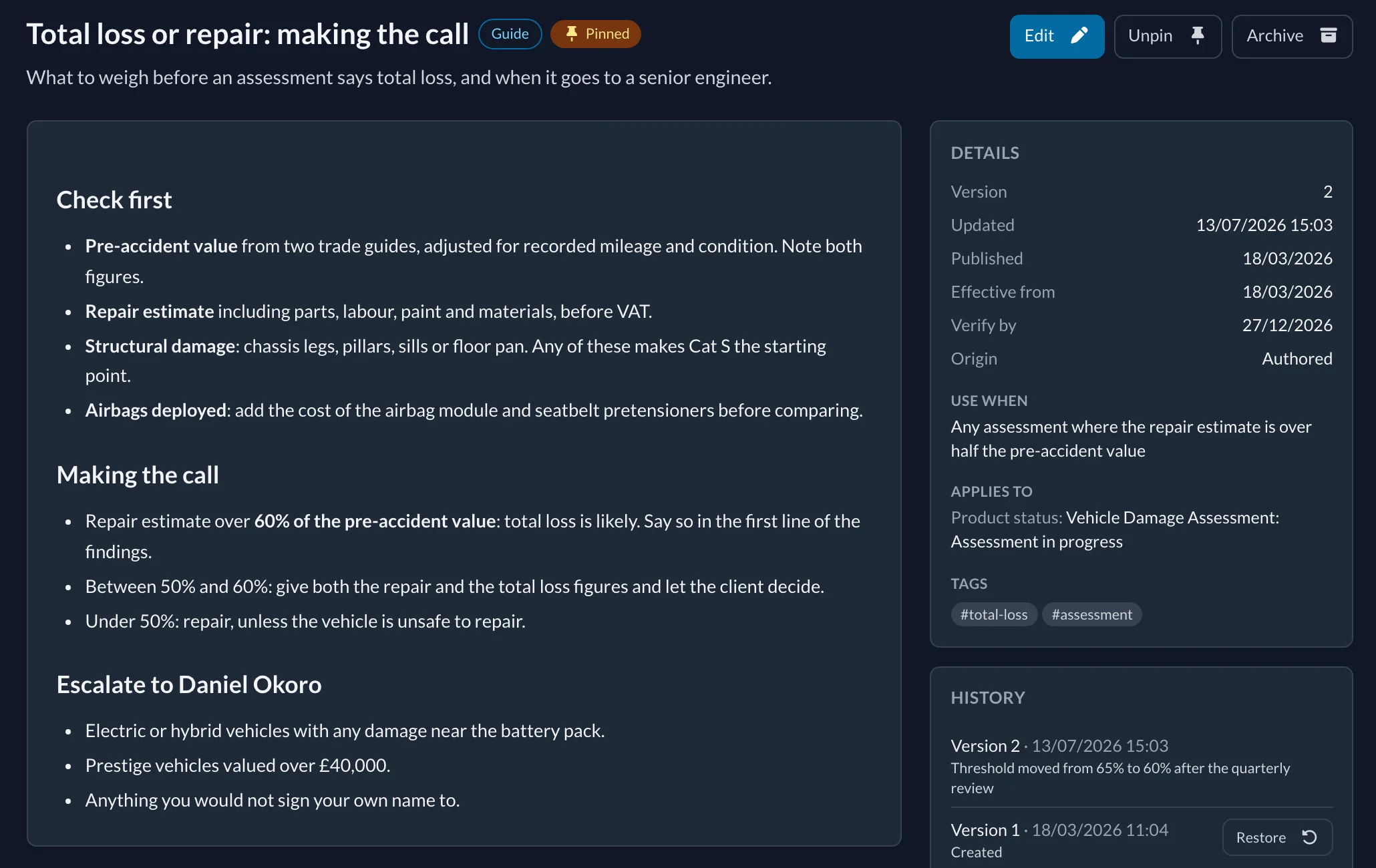 A knowledge base entry on deciding between repair and total loss, with its version history.