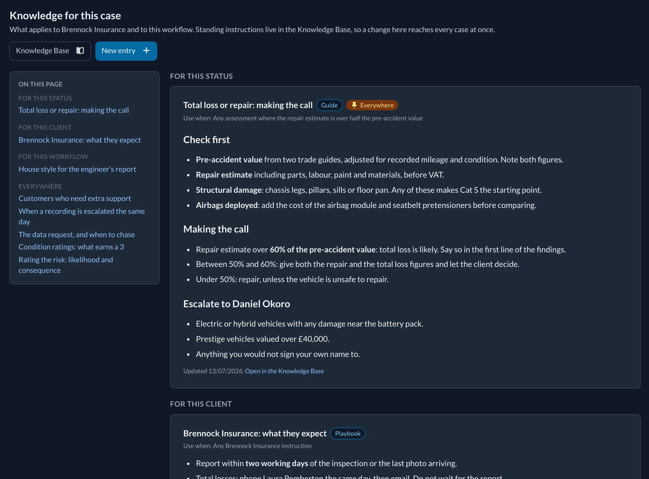 Knowledge page for a case listing the firm's practice notes for this status, this client and this workflow.