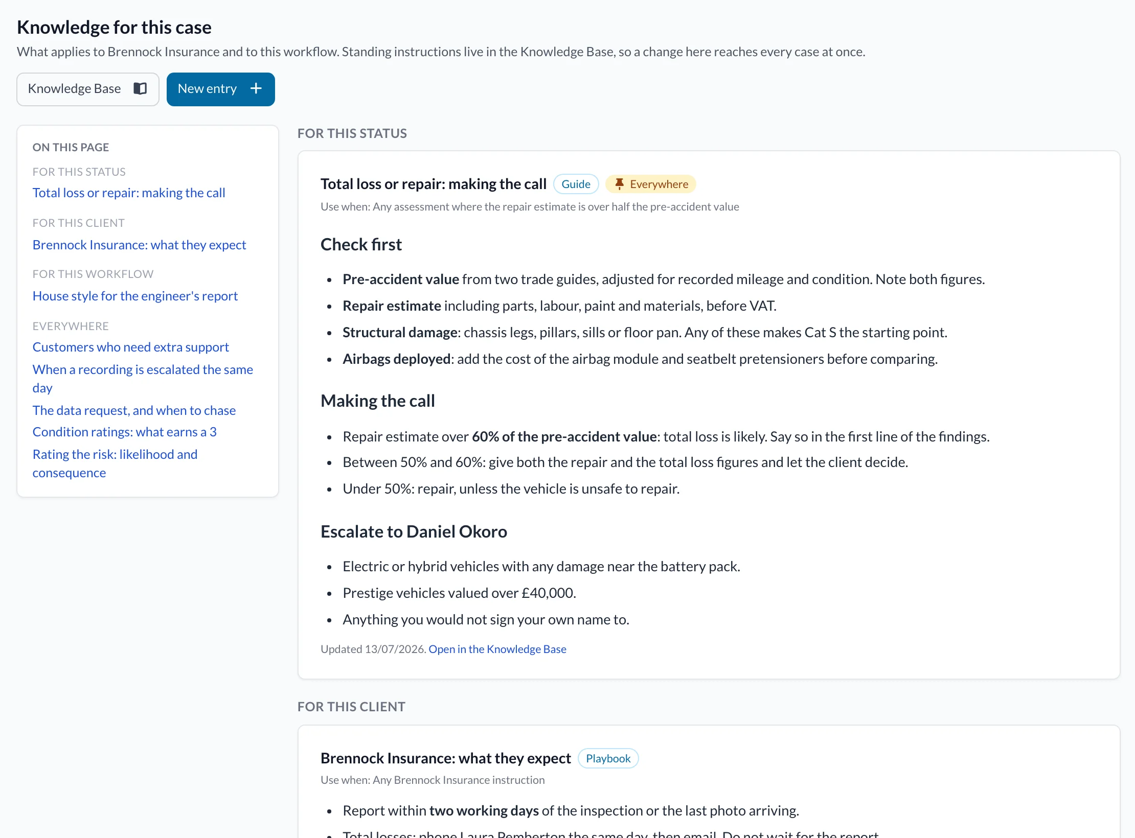 Knowledge page for a case listing the firm's practice notes for this status, this client and this workflow.