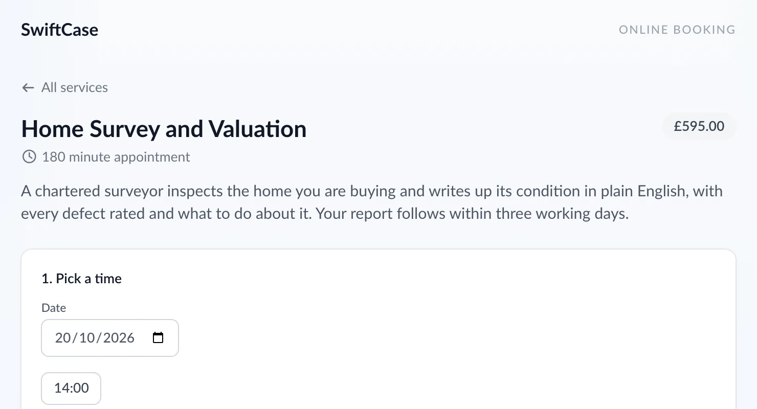 Online booking page for a home survey and valuation, with the price, a description and a date and time picker.