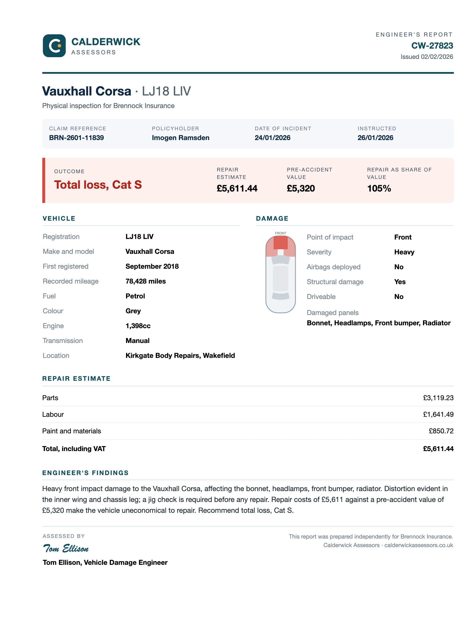 An engineer's report for a Vauxhall Corsa assessed as a Cat N total loss.