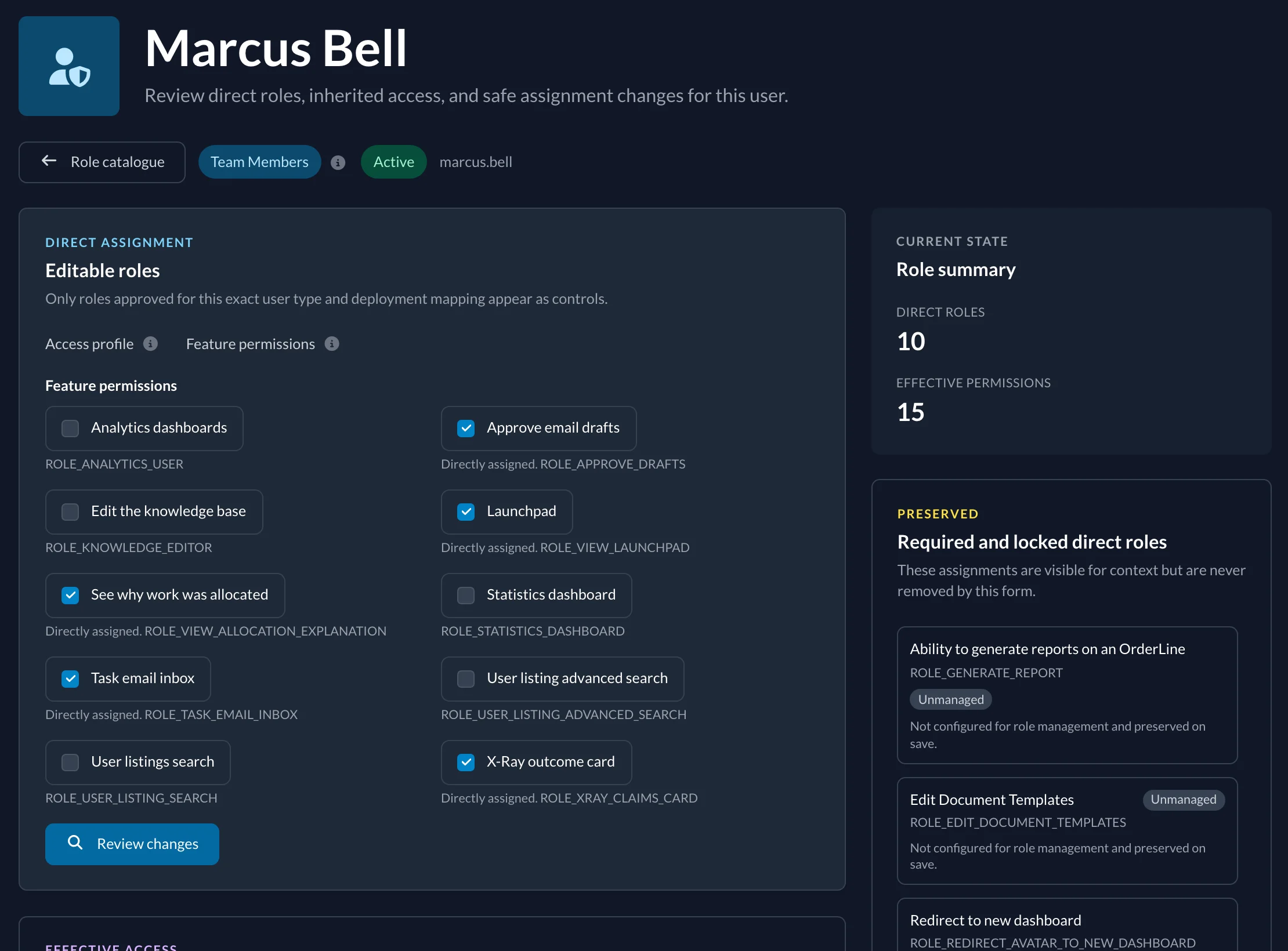Role management for a member of staff, with feature permissions as switches and a summary of effective access.