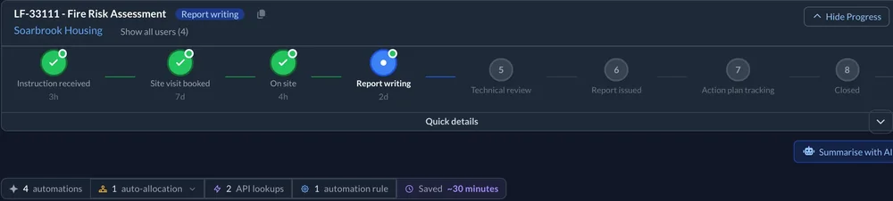 A fire risk assessment at report writing, with four automations, an auto-allocation and two lookups done along the way.