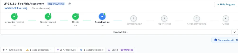 A fire risk assessment at report writing, with four automations, an auto-allocation and two lookups done along the way.