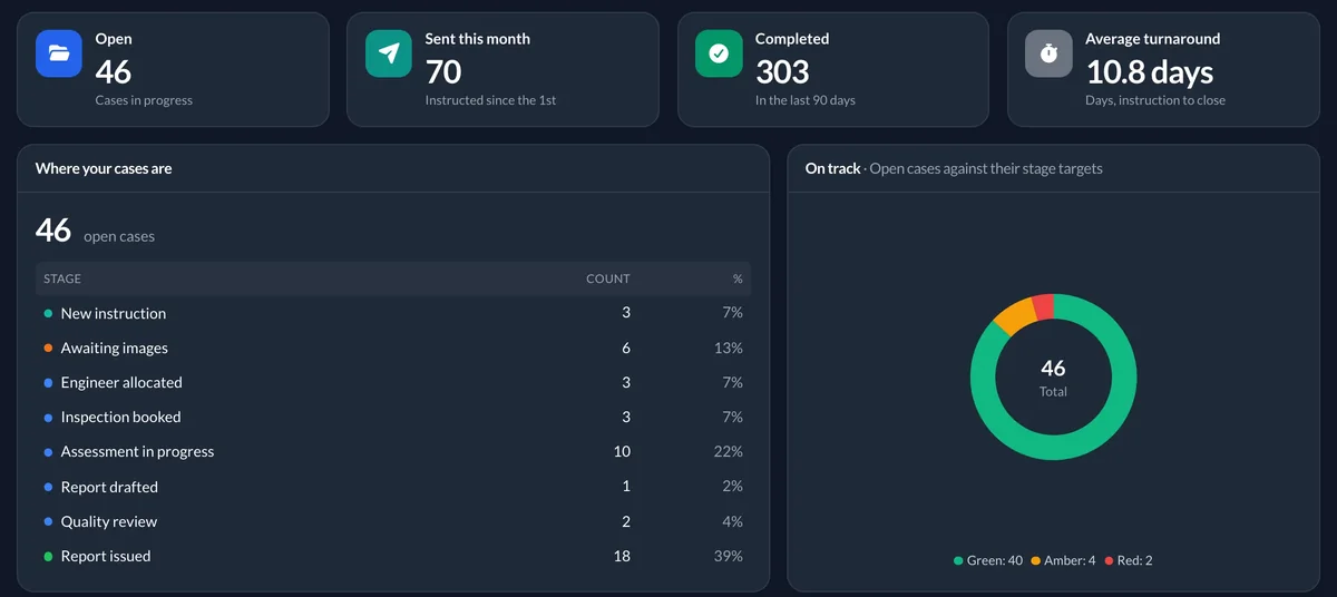 A client's view of its cases: 46 open, 70 sent this month, 303 completed, and nearly all on track.