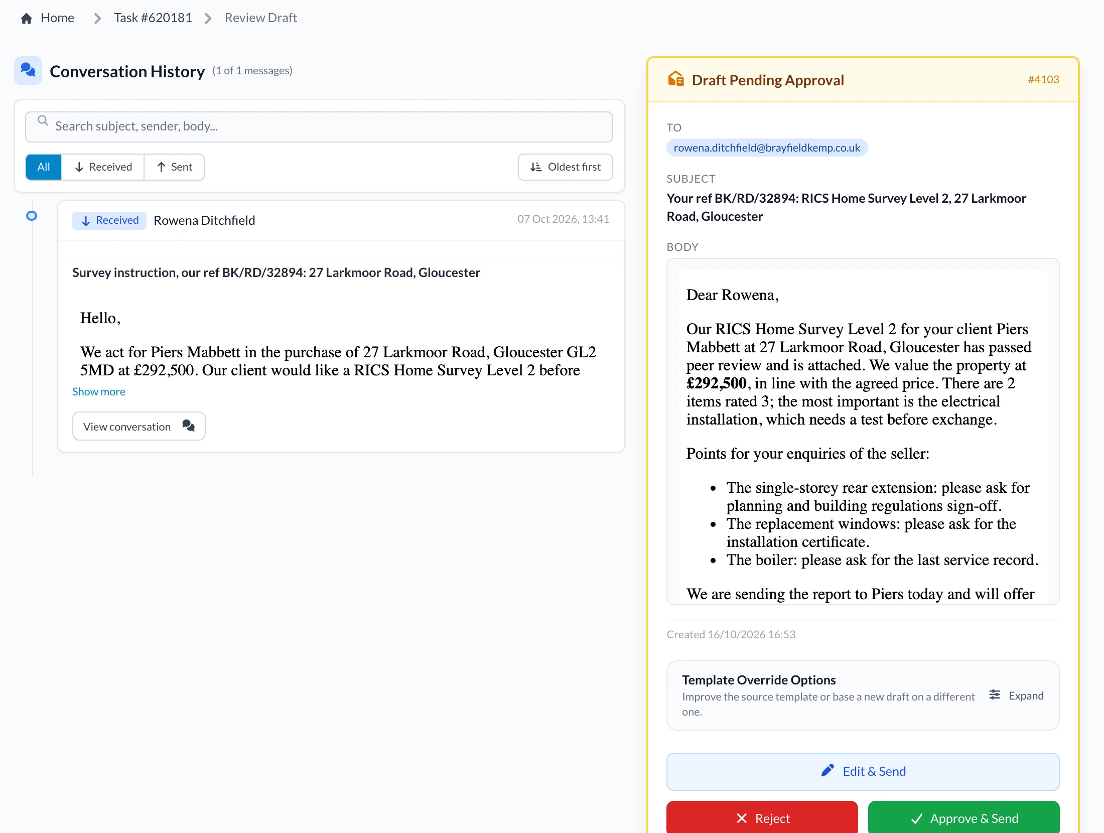 Draft email to a conveyancing solicitor summarising a home survey, waiting for approval.