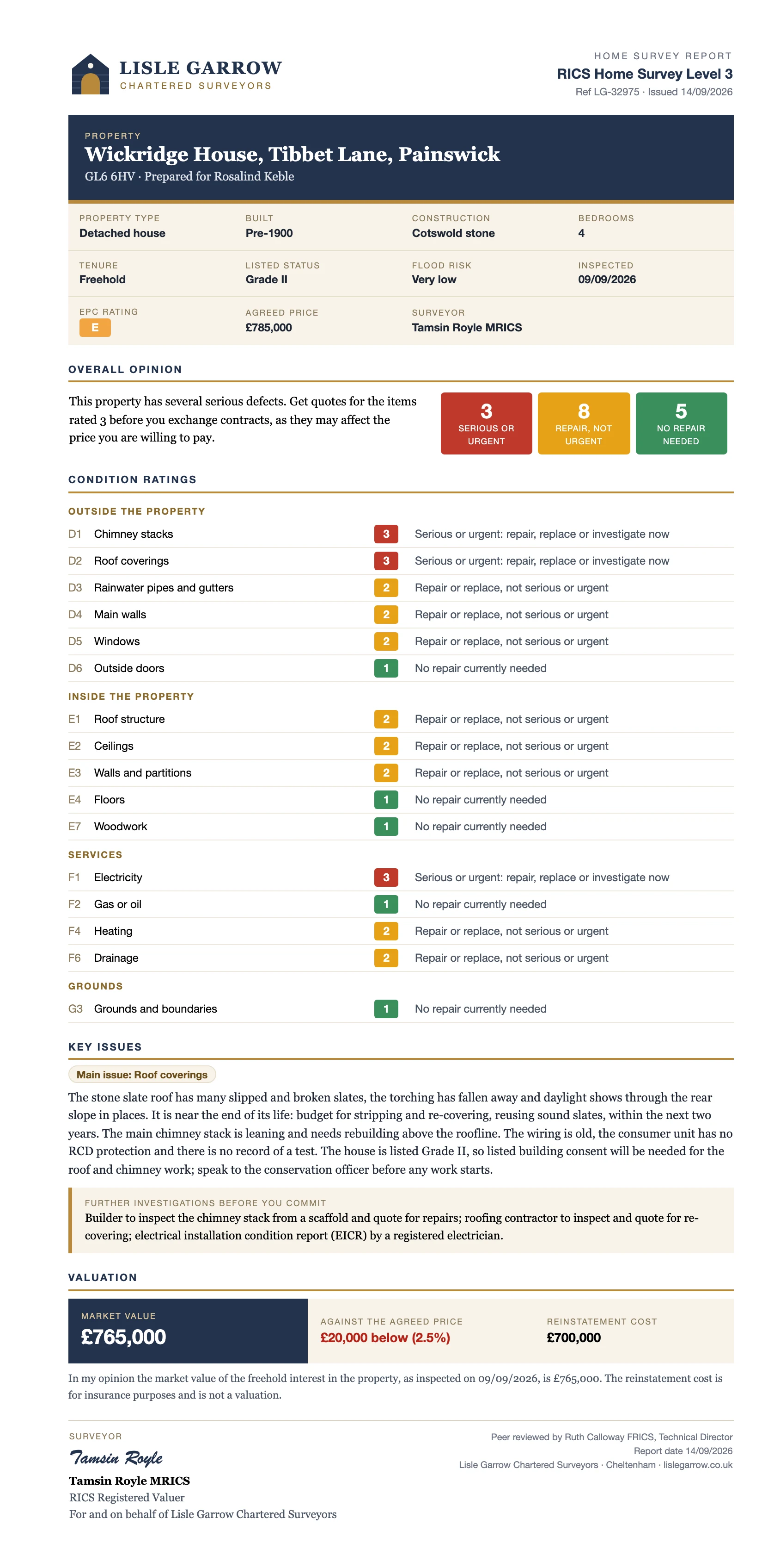 A RICS-style home survey report with condition ratings for each element, key issues and the valuation.