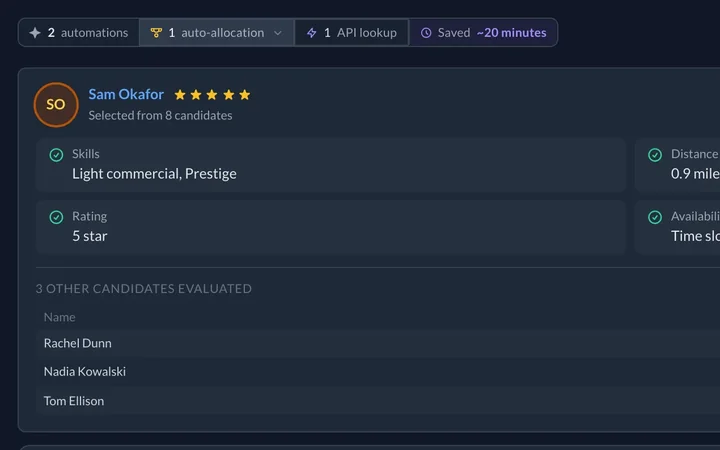 Allocation explanation showing the engineer chosen, their skills, distance and rating, and three other candidates.