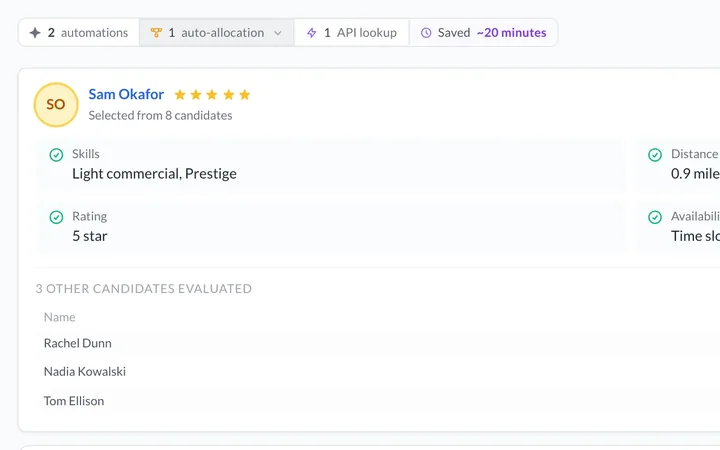 Allocation explanation showing the engineer chosen, their skills, distance and rating, and three other candidates.